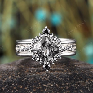 3PCS Princess Black Rutilated Quartz Bridal Set, 14K White Gold Rutilated Engagement Ring Set, Black Needle Half Eternity Promise Ring Gift