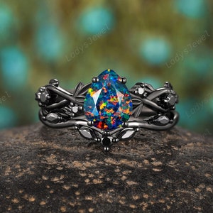 Pear Facet Black Fire Opal Gothic Engagement Ring Set, Rhodium Black Gold Color Change Opal Bridal Set, Hip Hop Witchy Promise Ring for Her