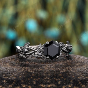 Gothic Hexagon Cut Black Onyx Engagement Ring, Unique Black Gold Leaf Wedding Ring, Witchy Rhodium Black Twig Promise Ring Gift for Women