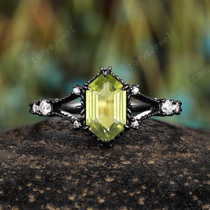 Gothic Natural Peridot Engagement Ring Long Hexagon Green Peridot Wedding Rings 14K Black Gold Diamond Promise Rings Witchy Anniversary Ring
