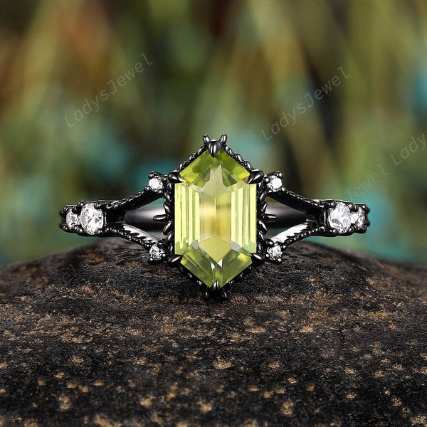 Natural Peridot and Diamond Gothic Engagement Ring Long Hexagon Green Peridot Wedding Ring Rhodium Black Gold Hip Hop Witchy Promise Ring