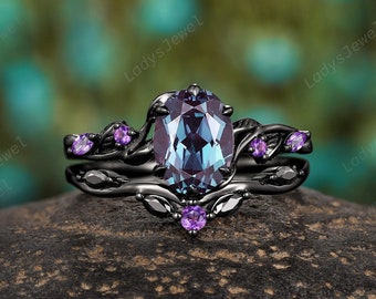 Gothic Oval Cut Alexandrite Engagement Ring Set Rhodium Black Gold
