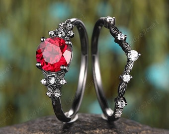Black Gold Ruby Bridal Set, Unique Rhodium Black Floral Engagement Wedding Ring,Gothic Round Shape Ruby Witchy Promise Ring Anniversary Gift