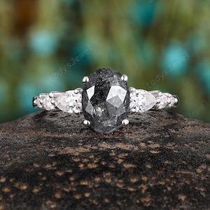 Natural Salt and Pepper Diamond Engagement Ring Unique 14K White Gold Oval Cut Black Diamond Promise Ring Platinum Gray Diamond Wedding Ring