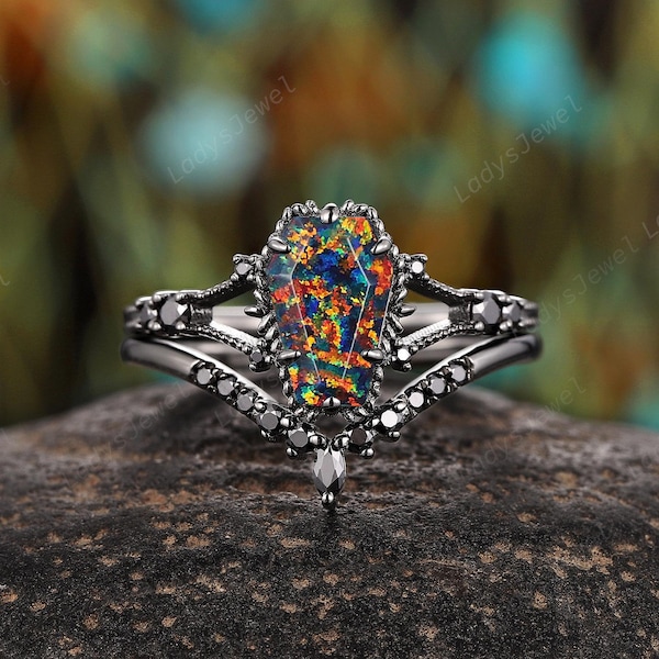 Gothic Coffin Cut Black Opal Engagement Ring Unique 14K Black Gold Witchy Anniversary Ring Vintage October Birthstone Promise Wedding Rings