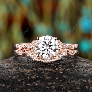 Vintage Round Cut Moissanite Bridal Set Unique 14K Rose Gold Celtic Knot Engagement Ring Norse Viking Wedding Ring Anniversary Gift for Her