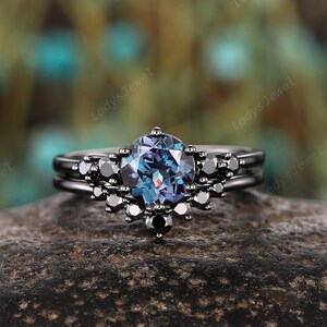 Black Gold Round Shape Alexandrite Engagement Ring Set, Witchy Rhodium Black Promise Ring, Gothic Black Wedding Anniversary Ring Bridal Set