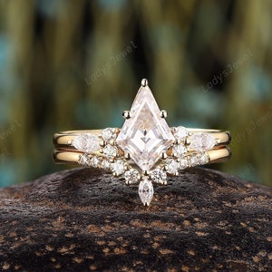 Vintage Kite Cut Moissanite and Diamond Engagement Ring Set, V Shape 14K 18K Yellow Gold Bridal Set, Unique Promise Anniversary Ring Gift
