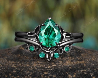 Gothic Pear Emerald Engagement Ring Set, Rhodium Black Gold Celtic Knots Bridal Set, Solitaire May Birthstone Witchy Promise Ring for Women