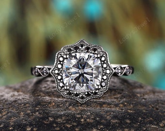 Witchy Black Gold Cushion Cut Gray Moissanite Engagement Ring, Rhodium Black Floral Halo Wedding Ring, Black Promise Anniversary Ring Gift