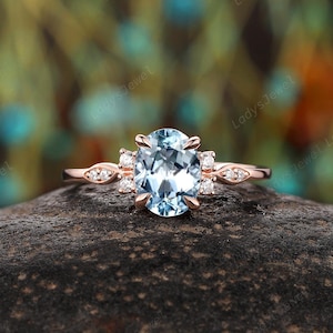 Oval Cut Natural Aquamarine Engagement Ring, 14K Rose Gold Blue Aquamarine Promise Wedding Ring, Twig Leaf March Birthstone Anniversary Gift