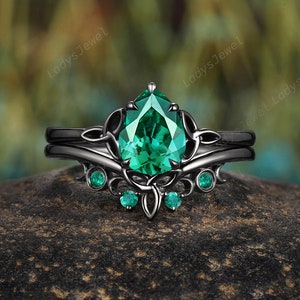 Gothic Pear Emerald Engagement Ring Set, Rhodium Black Gold Celtic Knots Bridal Set, Solitaire May Birthstone Witchy Promise Ring for Women image 1