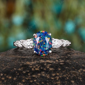 Oval Facet Black Opal Engagement Ring, Vintage 14K White Gold October Birthstone Wedding Ring, Color Change Fire Opal Promise Ring for Women