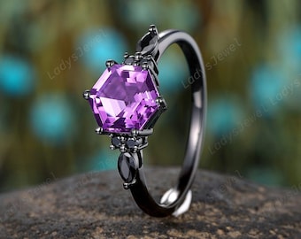Natural Hexagon Cut Amethyst Engagement Ring Rhodium Black Gold February Birthstone Wedding Ring Gothic Black Moissanite Witchy Promise Ring