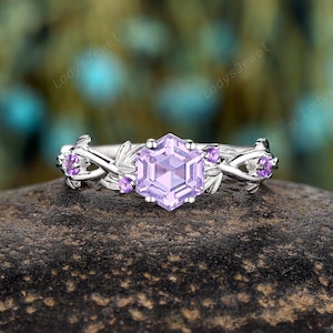 Hexagon Cut Lavender Amethyst Engagement Ring, Natural Amethyst Twig Promise Ring, Platinum February Birthstone Wedding Anniversary Ring