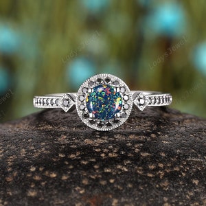 Dainty Black Fire Opal Engagement Ring, Unique White Gold Halo Black Moissanite Wedding Band, Round Cut Black Opal Promise Ring Gift for Her