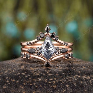 3PCS Kite Cut Grey Moissanite Bridal Set,Rose Gold Gray Moissanite Engagement Ring Set,Cluster Black Moissanite Promise Wedding Ring for Her
