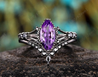 Gothic Marquise Amethyst Engagement Ring Set, Rhodium Black Gold Natural Amethyst Bridal Set, Black Moissanite Witchy Wedding Ring for Women