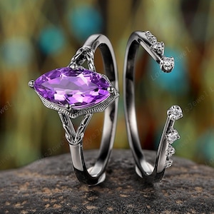 Marquise Cut Natural Amethyst Engagement Ring 14K Black Gold Floral Leaf Bridal Set Gothic February Birthstone Witchy Wedding Ring for Women