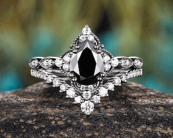 Gothic Pear Black Moissanite and Diamond Engagement Ring, Rhodium