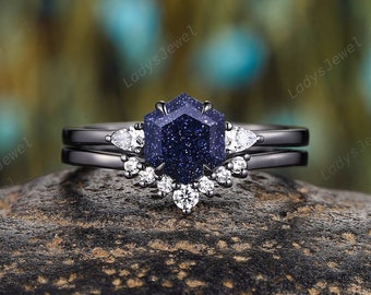 Orion Nebula Blue Sandstone Engagement Ring Set, Gothic Hexagon