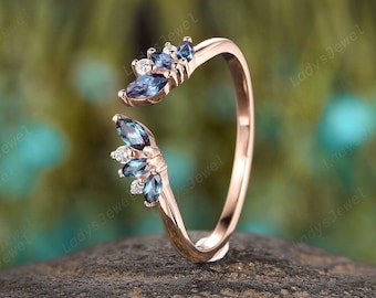 Marquise Cut Alexandrite Wedding Band, June Birthstone Open Engagement Band, Alexandrite Curved Matching Band, Anniversary Band for Women