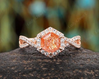 Hexagon Cut Natural Orange Sunstone Engagement Ring, 14K Rose Gold Halo Crossover Wedding Ring, Golden Sunstone Infinity Anniversary Gift