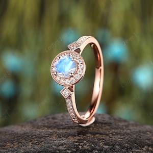 Unique Moonstone Halo Engagement Ring, Half Eternity Rose Gold June Birthstone Wedding Ring, Round Shape Moonstone Promise Ring Gift for her