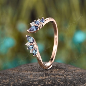 Marquise Cut Alexandrite Wedding Band, June Birthstone Open Engagement Band, Alexandrite Curved Matching Band, Anniversary Band for Women