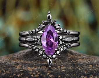 Gothic Marquise Amethyst Bridal Set Rhodium Black Gold Nature Inspired Engagement Ring Set February Birthstone Witchy Promise Ring for Women