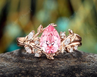 Padparadscha Pink Sapphire Engagement Ring Set 14K Rose Gold Pear Cut Girly Pink Sapphire Bridal Set Twig Leaf Floral Wedding Ring for Women