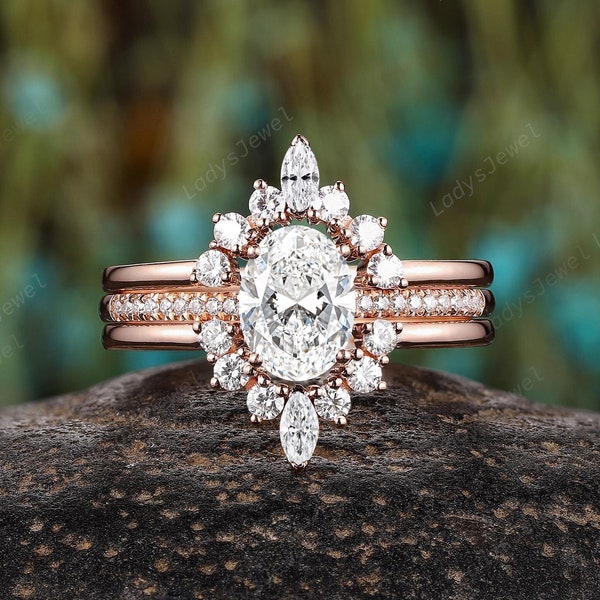 1 Carat Oval Lab Grown Diamond Ring Bridal Set 18K Rose Gold IGI Certified Engagement Ring Set 3PCS Pave Half Eternity Diamond Wedding Ring