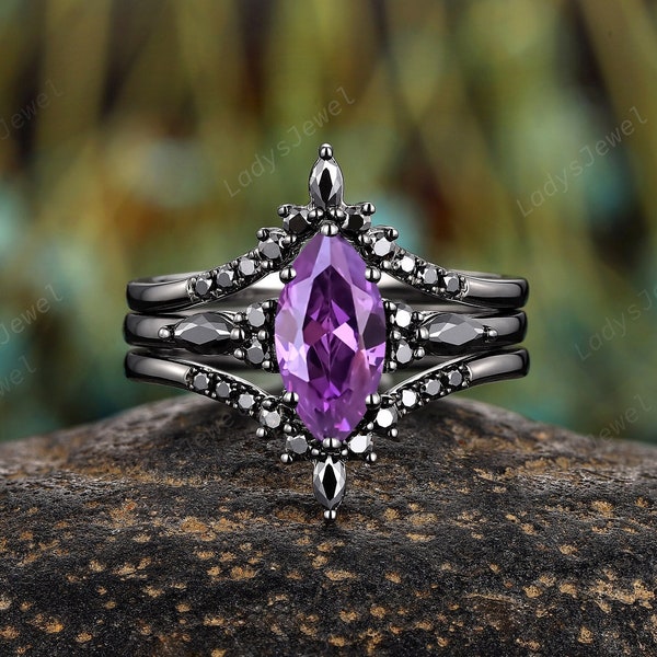 Gothic Marquise Amethyst Bridal Set Rhodium Black Gold Nature Inspired Engagement Ring Set February Birthstone Witchy Promise Ring for Women