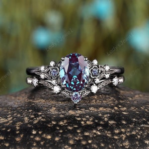Black Gold Oval Cut Alexandrite Engagement Ring Set, Witchy Rhodium Black Promise Ring, Gothic Black Floral Wedding Anniversary Ring Gift