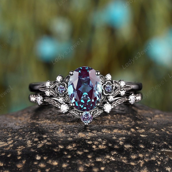 Black Gold Oval Cut Alexandrite Engagement Ring Set, Witchy Rhodium Black Promise Ring, Gothic Black Floral Wedding Anniversary Ring Gift