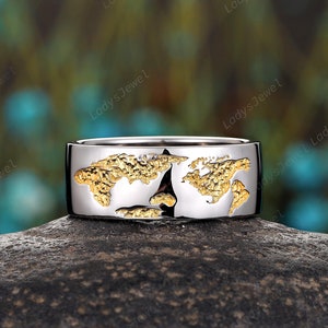 Reizigers wereldkaart herentrouwring, 14 kt witgoud op de natuur geïnspireerde verlovingsband, tweekleurige 8 mm belofte band verjaardagscadeau voor hem