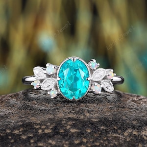 Oval Cut Paraiba Tourmaline Engagement Ring Platinum Neon Blue Tourmaline Promise Ring 14K White Gold White Opal Floral Wedding Ring for Her