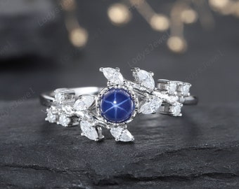 Star Blue Sapphire and Marquise Moissanite Engagement Ring, Silver Blue Sapphire and CZ Leaf Promise Ring, Solitaire Sapphire Wedding Ring