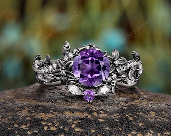 Black Gold Round Cut Natural Amethyst Engagement Ring Set February Birthstone Custom Wedding Ring Gothic Bridal Set Witchy Anniversary Rings