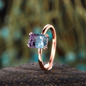 2CT Natural Bicolor Fluorite Engagement Ring,Unique Solitaire 14K Rose Gold Wedding Ring,Vintage Emerald Cut Fluorite Promise Ring for Women