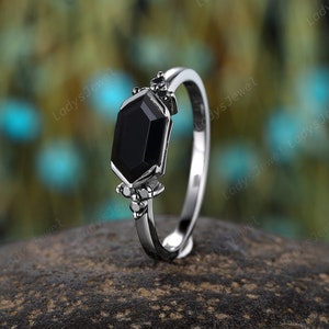 Gothic Long Hexagon Cut Black Onyx Engagement Ring, 14K Black Gold Nature Inspired Wedding Ring, Black Moissanite Custom Witchy Promise Ring