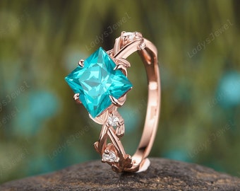 Princess Cut Paraiba Tourmaline Engagement Ring,Neon Blue Tourmaline Promise Wedding Ring,Twig Rose Gold October Birthstone Anniversary Ring