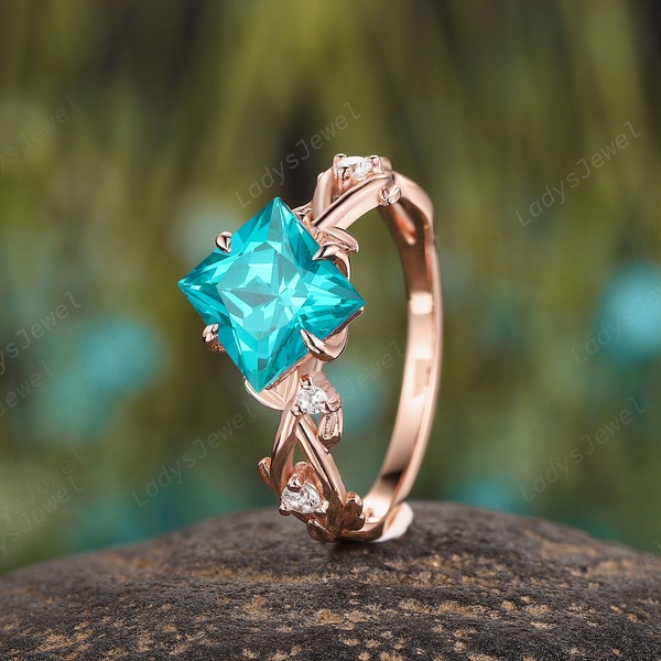 Princess Cut Paraiba Tourmaline Engagement Ring,Neon Blue Tourmaline Promise Wedding Ring,Twig Rose Gold October Birthstone Anniversary Ring