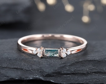 Dainty Baguette Moss Agate Wedding Band, Silver 925 or Rose Gold Moss Agate Matching Band, Cute Moss Agate Cluster Anniversary Promise Ring
