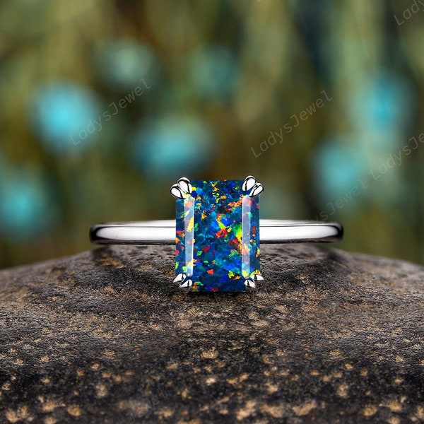 Platinum Emerald Cut Black Opal Solitaire Engagement Ring, Unique Dark Opal White Gold Wedding Ring, Silver Color Change Opal Promise Ring