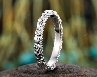 Floral Wedding Band, 14K White Gold Milgrain Engagement Band, Nature Inspired Leaf Matching Promise Band, Platinum Flower Anniversary Ring