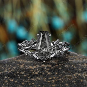 Gothic Coffin Cut Black Rutilated Quartz Bridal Set, 14K Black Gold Twig Leaf Branch Engagement Ring, Black Needle Stone Witchy Promise Ring