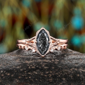 Nature Inspired Salt and Pepper Diamond Bridal Set, 14K Rose Gold Floral Leaf Engagement Ring, Marquise Cut Black Diamond Split Wedding Ring