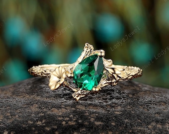 Pear Cut Green Emerald Solitaire Engagement Ring 14K Yellow Gold Morning Glory Promise Ring September Birth Flower Branch Wedding Ring Gift