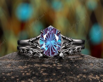 Oval Fireworks Alexandrite Engagement Ring Set Black Gold June